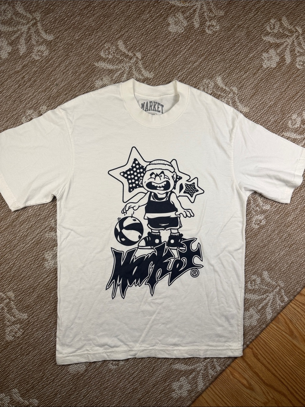 Market White Tee with Navy Graphic Basketball Character